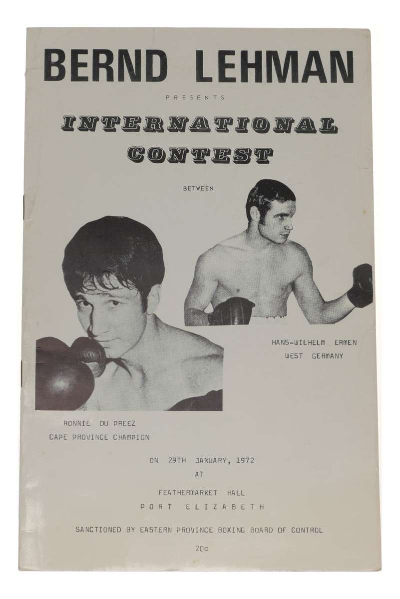 Ronnie du Preez vs Hans-Wilhelm Ermen Boxing Program 1972 Port Elizabeth