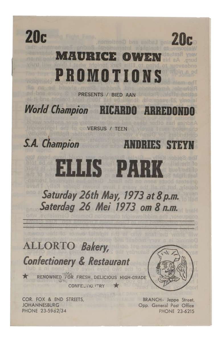 Ricardo Arredondo vs Andries Steyn 1973 Ellis Park Vintage Boxing Program
