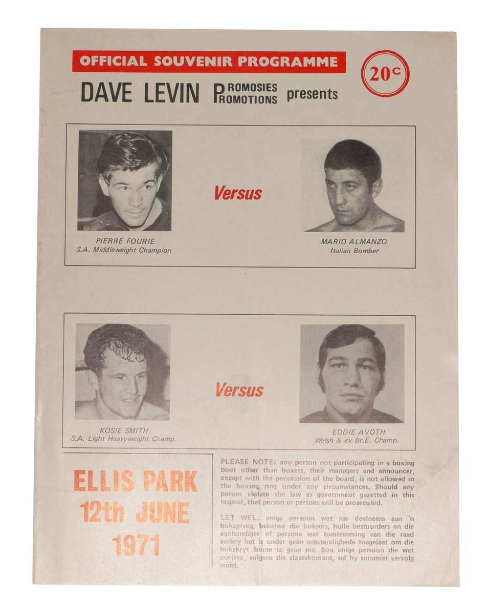 Pierre Fourie vs Mario Almanzo Boxing Program Ellis Park 12 June 1971 Vintage