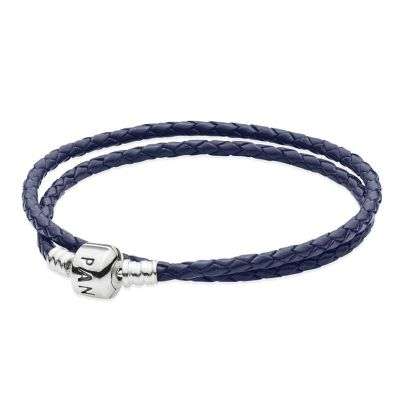PANDORA COMPATIBLE NAVY LEATHER DOUBLE WRAP BRACELET