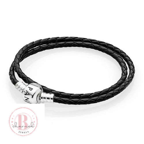 PANDORA COMPATIBLE NAVY LEATHER DOUBLE WRAP BRACELET