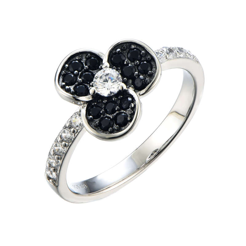 Silver Cubic Zirconia 3 Leave Flower Ring