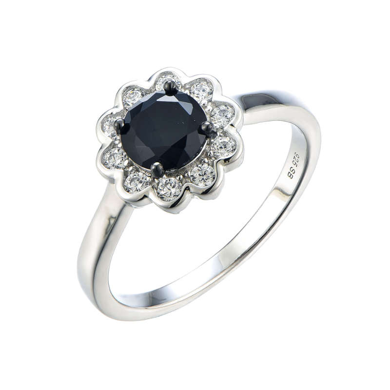 Silver Round Colour Created Cubic Halo Flower Ring