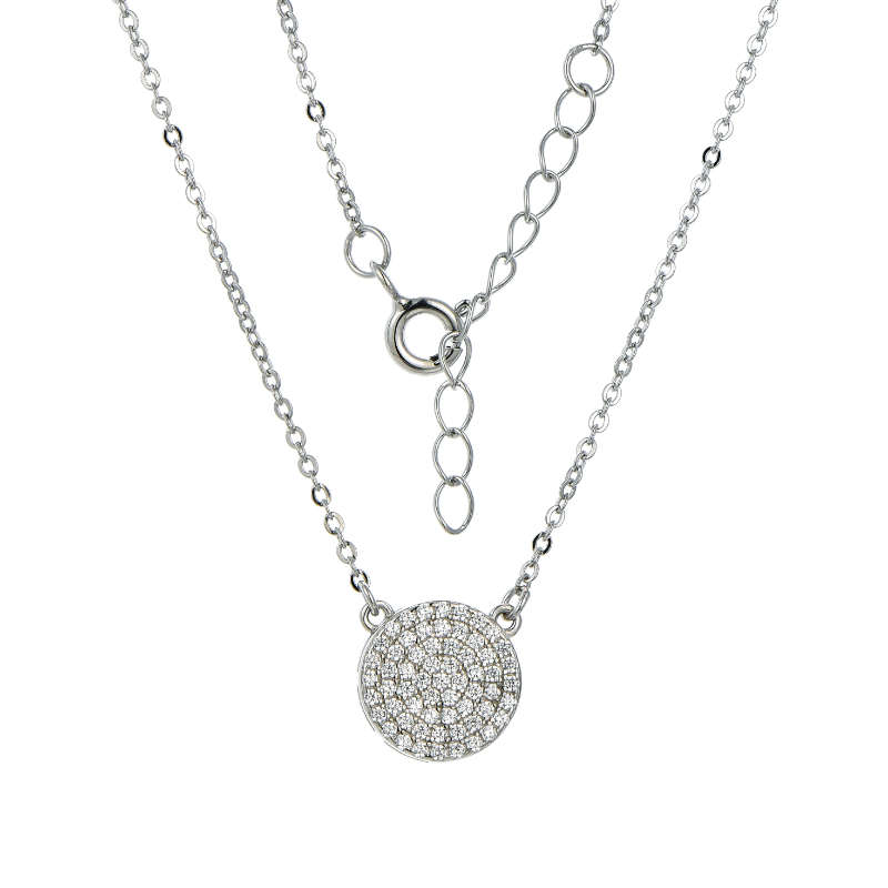 Silver Round Disc Pave Set Cubic Necklace