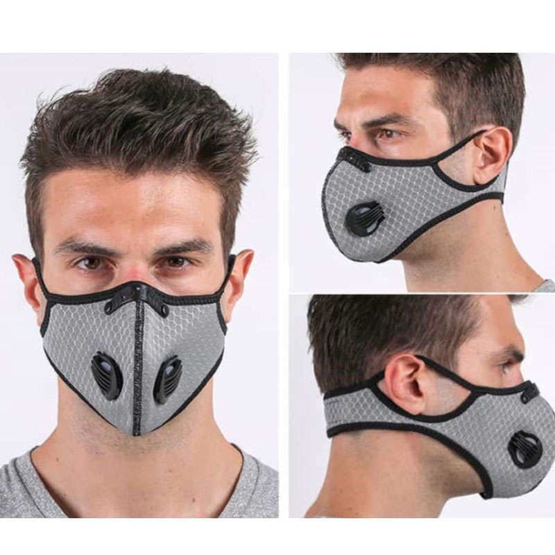 Respirator Double Valve Reusable Washable Sports Face Mask - 100% Polyester - Grey