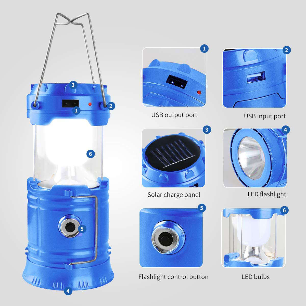 3-in-1 Rechargeable Torch - Solar Camping Lantern - Powerbank - Blue - Emergency LED Solar Light