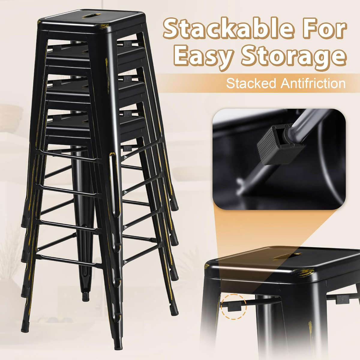 Metal High Backless Stackable Bar Stool - Black - 3 Pack