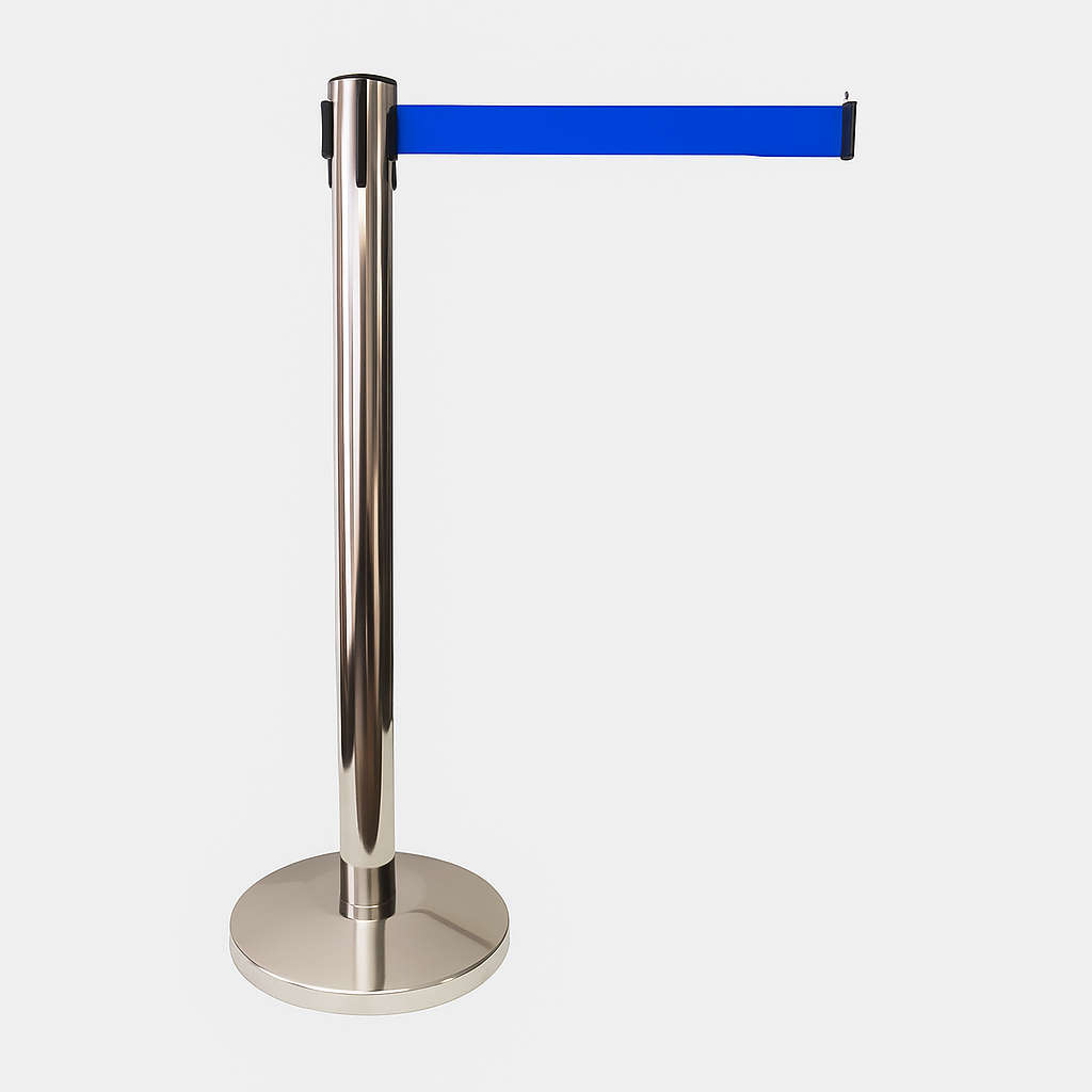 Queue Barrier-Silver Pole With 2M Retractable Royal Blue Belt Domed Base Design