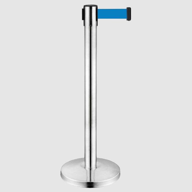 Queue Barrier-Silver Pole With 2M Retractable Blue Belt Domed Base Design