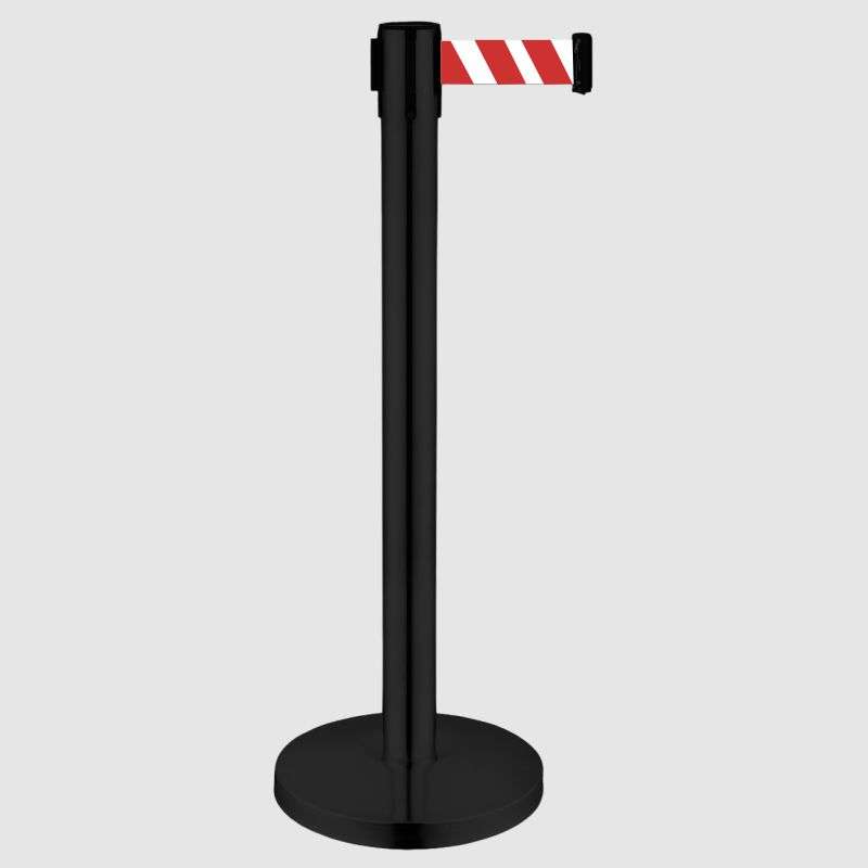 Queue Barrier-Black Pole With 2M Retractable Chevron Red & White Belt Domed Base Design