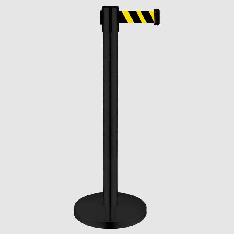 Queue Barrier-Black Pole With 2M Retractable Chevron Black & Yellow Belt Domed Base Design