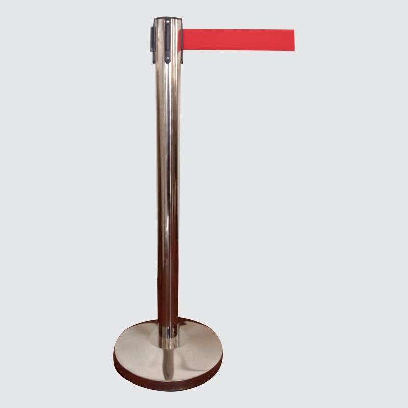 Queue Barrier-Silver Pole With 2M Retractable Red Belt Domed Base Design