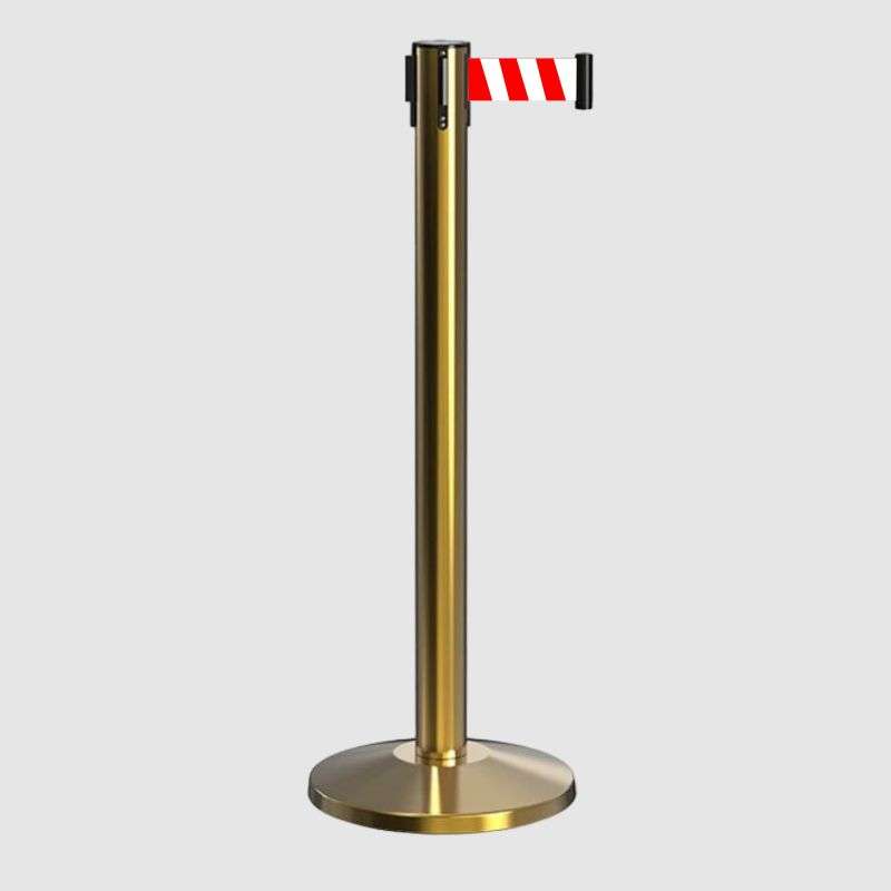 Queue Barrier-Gold Pole With 2M Retractable Chevron Red & White Belt Domed Base Design