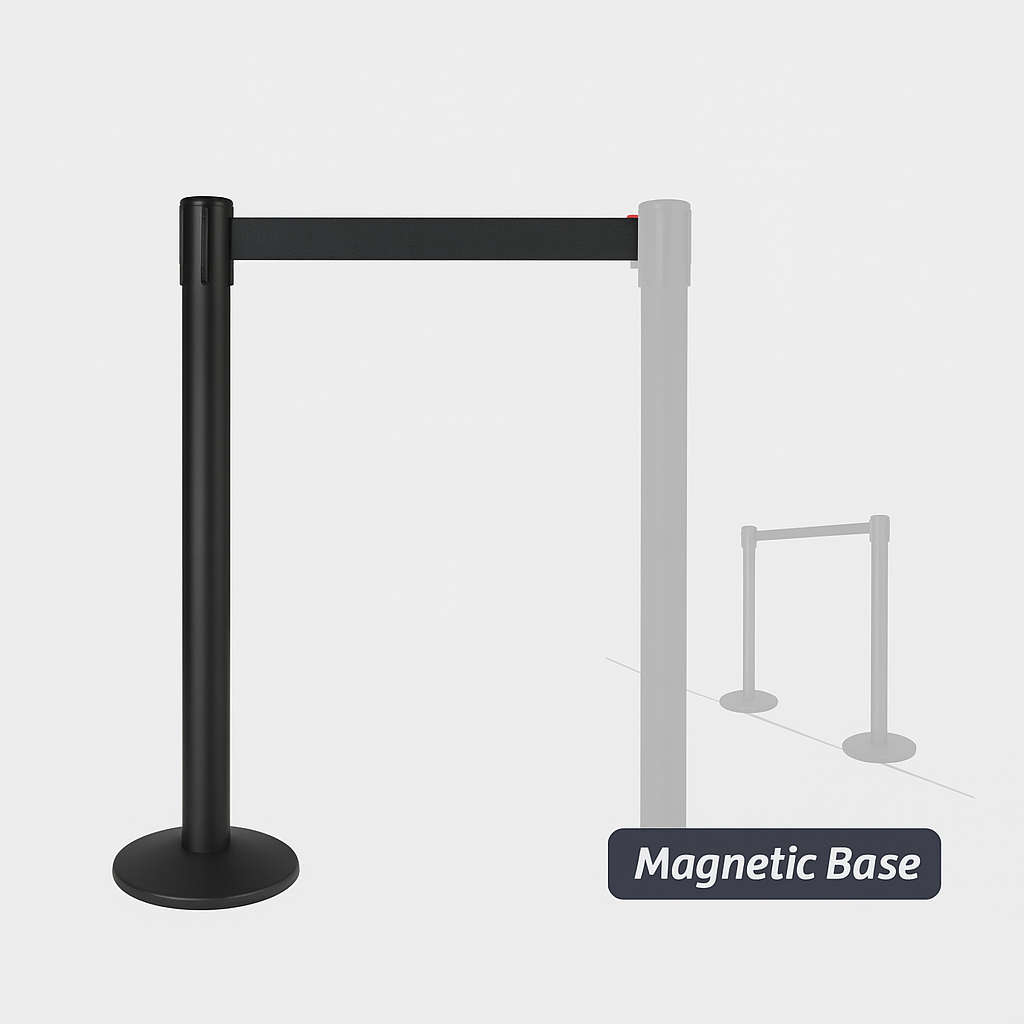 Magnetic Base Black Queue Barrier With 3m Black Retractable Belt