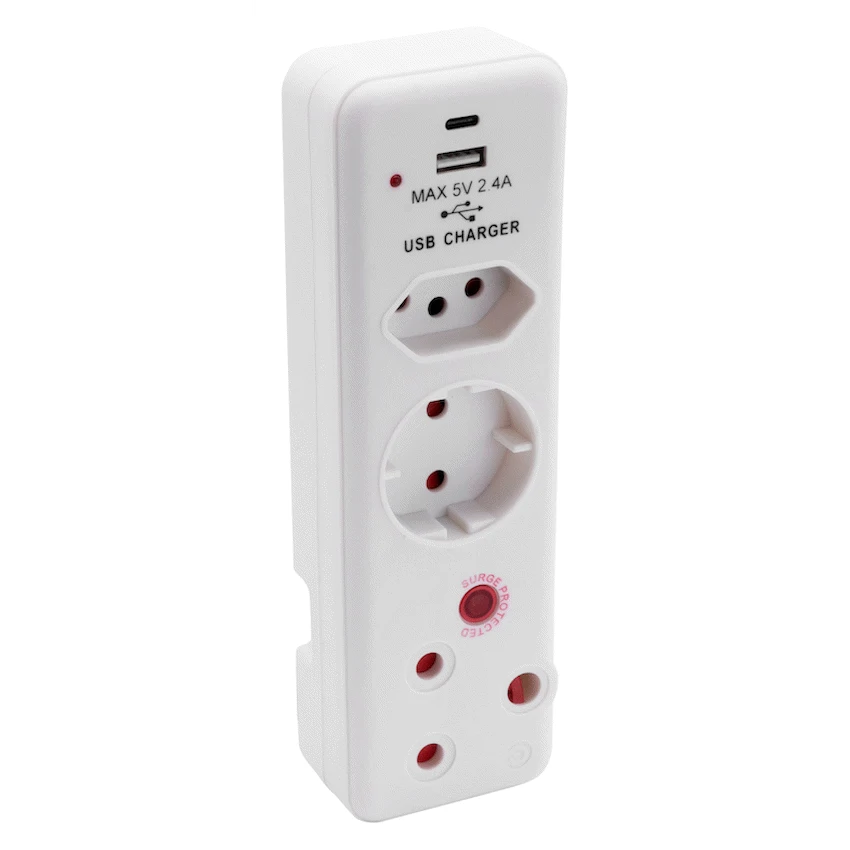 Ellies 3 Way Medium Surge adaptor Schuko,with type C + USB