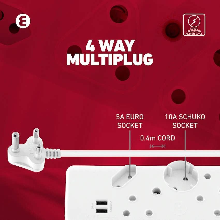 Ellies 4-Way Multiplug - 2 x USB 2.4a - 0.4m