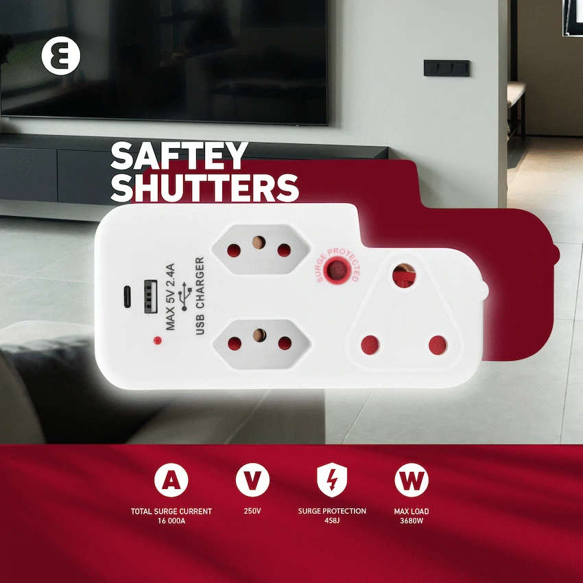 Ellies 3 Way Medium Surge Adaptor with Type C + USB - White