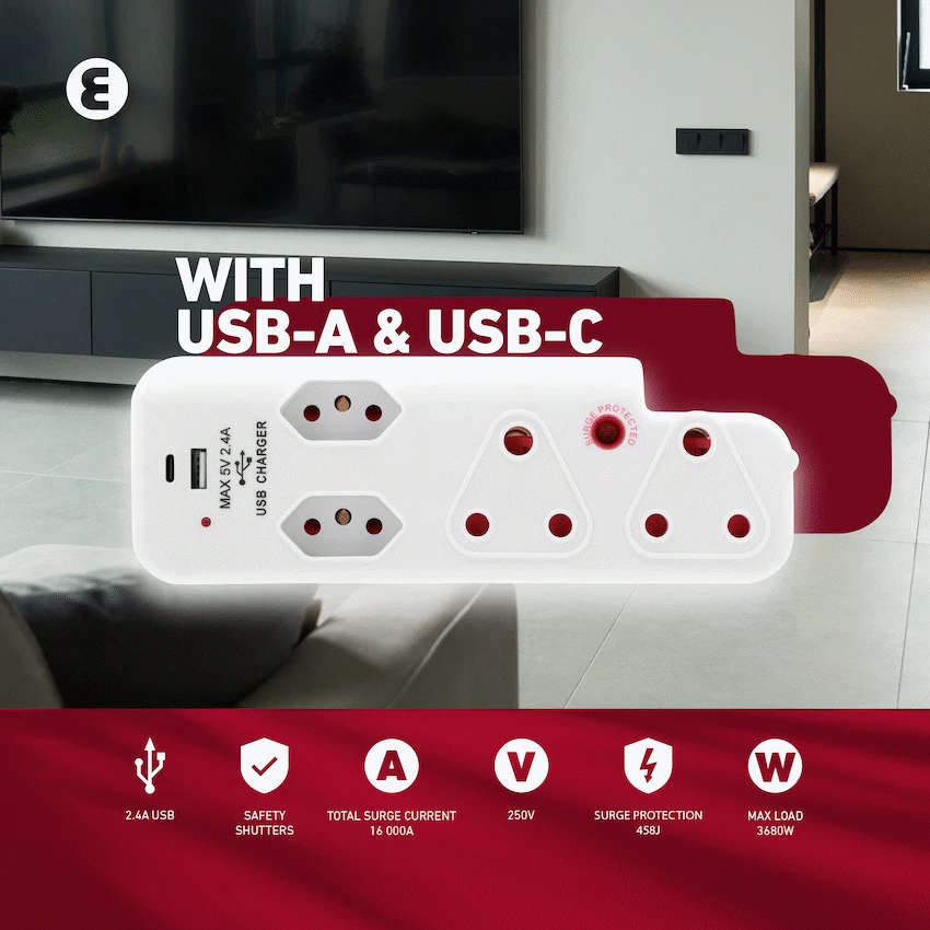 Ellies 4 Way Medium Surge adaptor with type C + USB