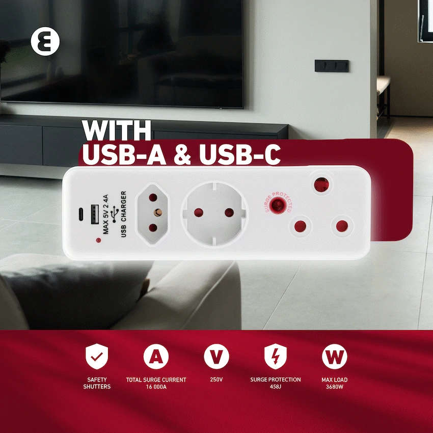 Ellies 3 Way Medium Surge adaptor Schuko,with type C + USB