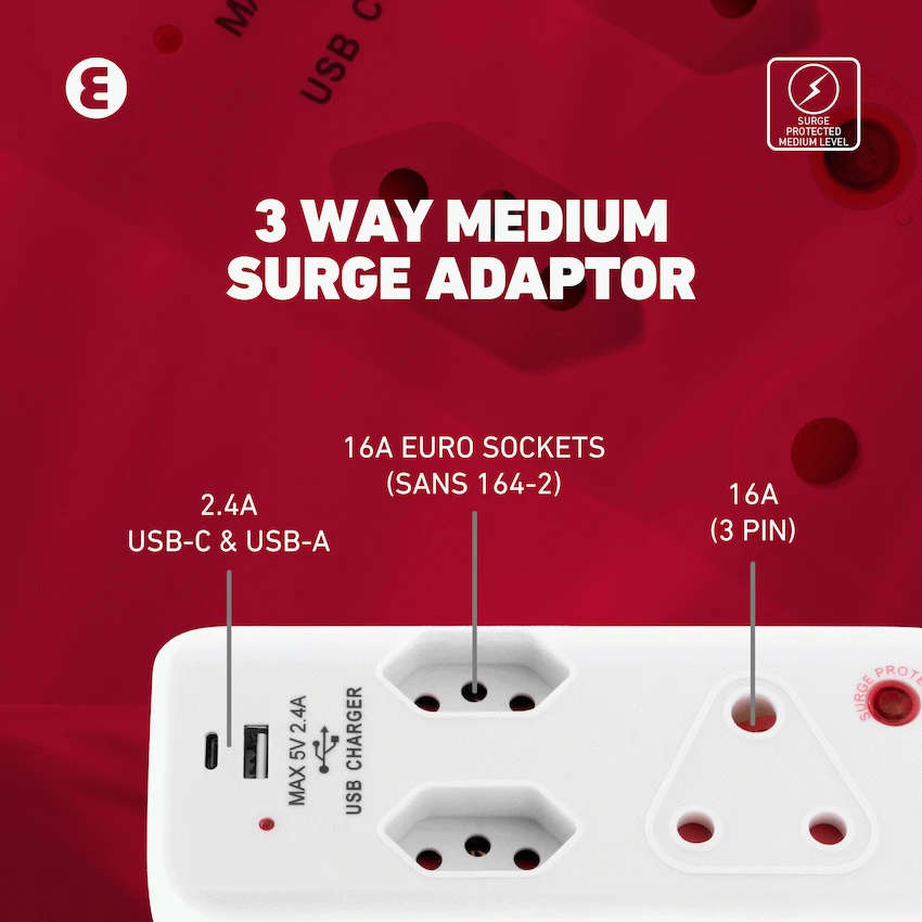 Ellies 3 Way Medium Surge Adaptor with Type C + USB - White