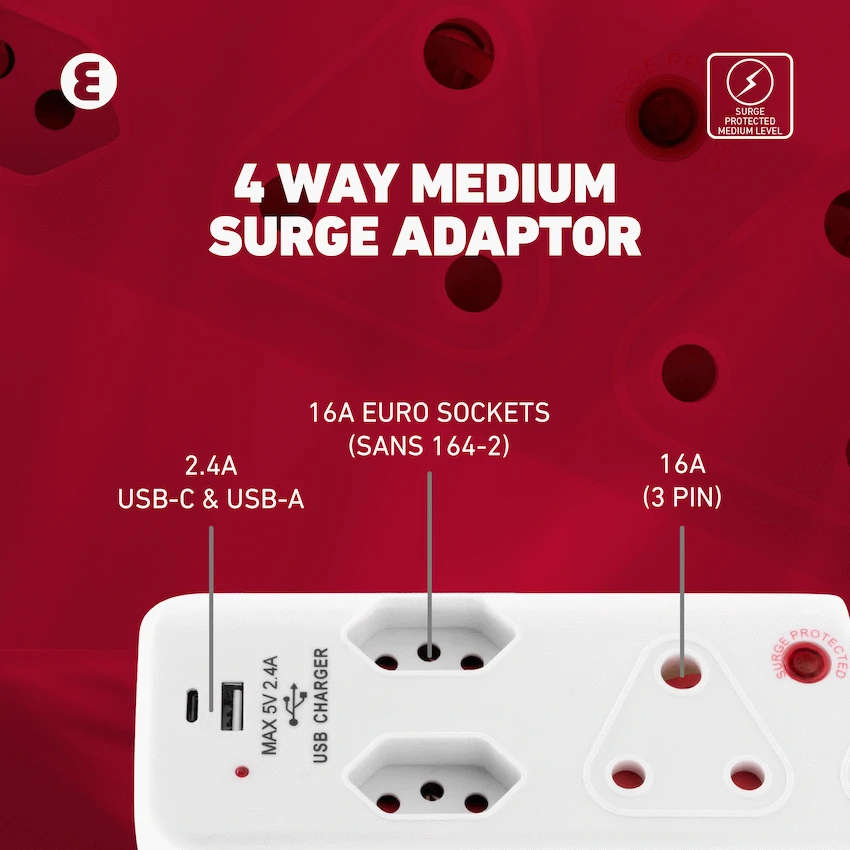 Ellies 4 Way Medium Surge adaptor with type C + USB