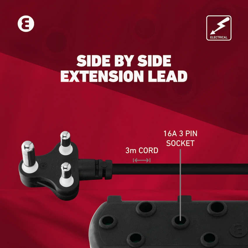 Ellies Side-by-Side Light-Duty Extension Lead - 3m - Black