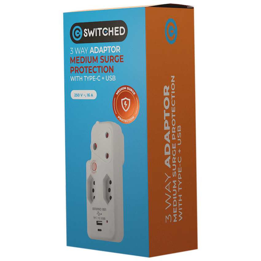 Switched 3-Way Medium Surge Adaptor with Type-C + USB - White