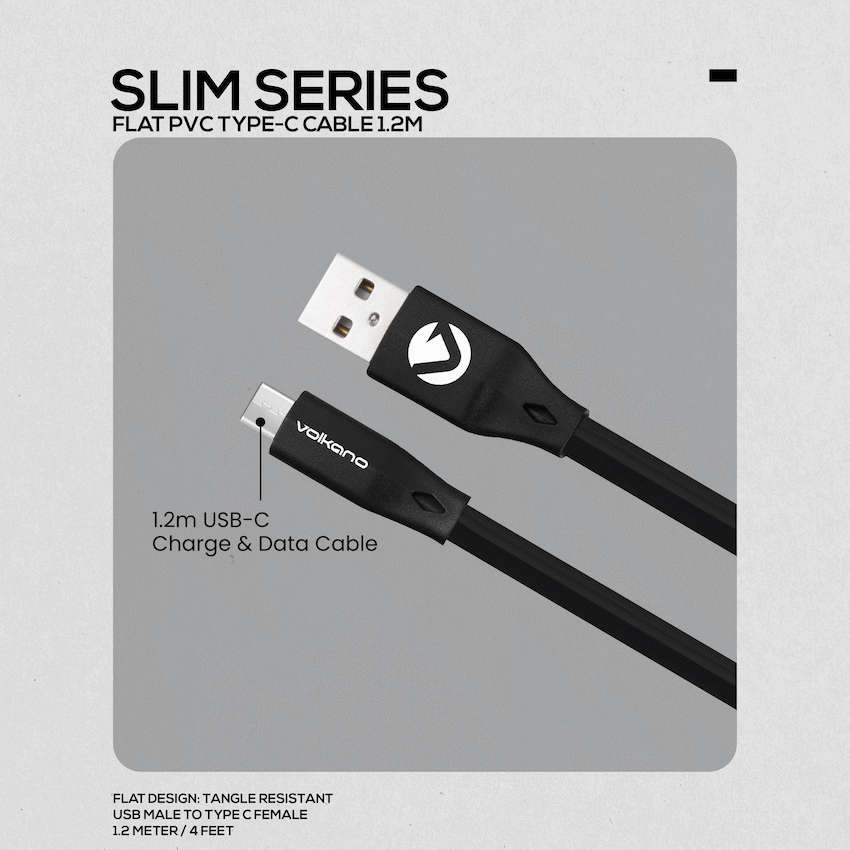 Volkano Slim Series Flat PVC Type-C Cable 1.2m - Black
