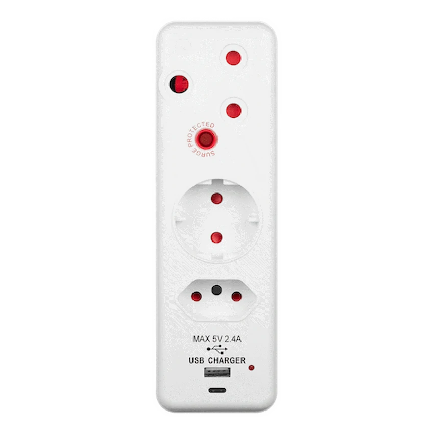 Ellies 3 Way Medium Surge adaptor Schuko,with type C + USB