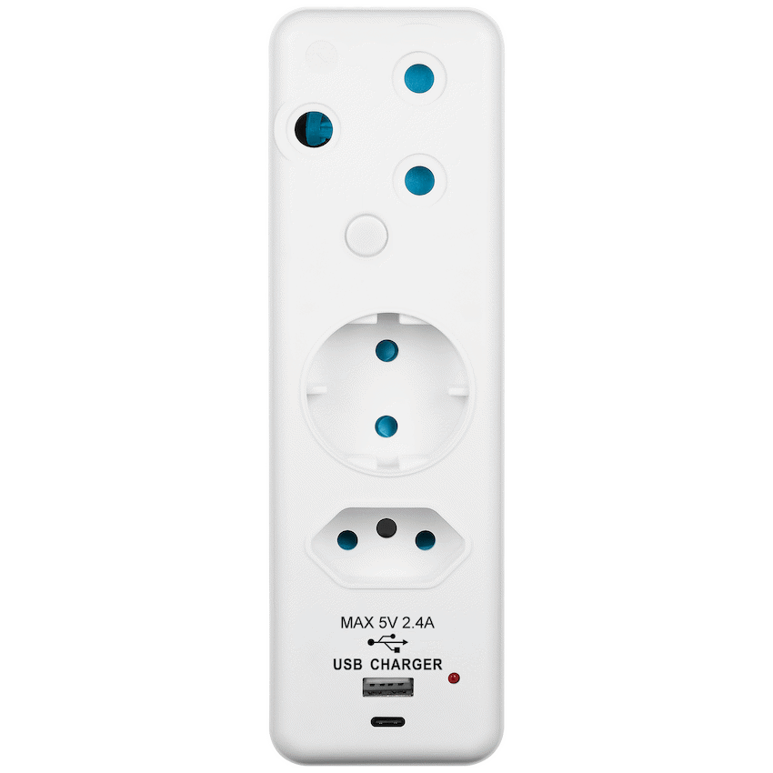 Switched 3-Way Schuko Adaptor with Type C + USB