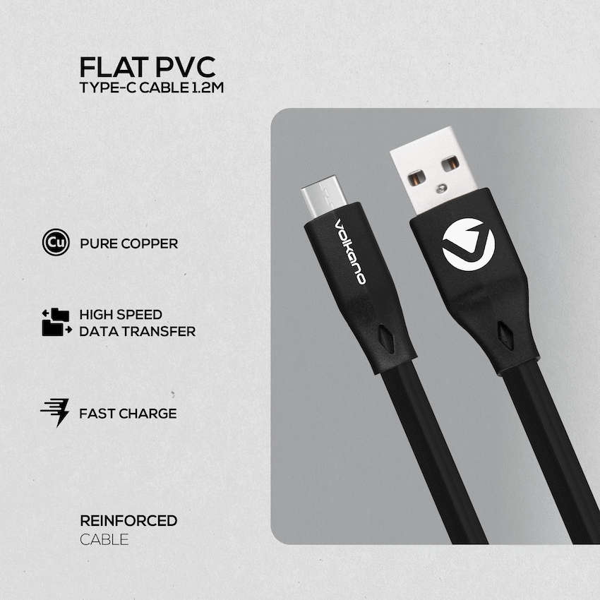Volkano Slim Series Flat PVC Type-C Cable 1.2m - Black