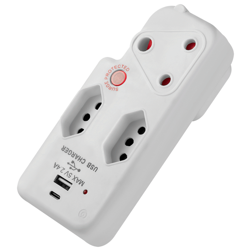Switched 3-Way Medium Surge Adaptor with Type-C + USB - White