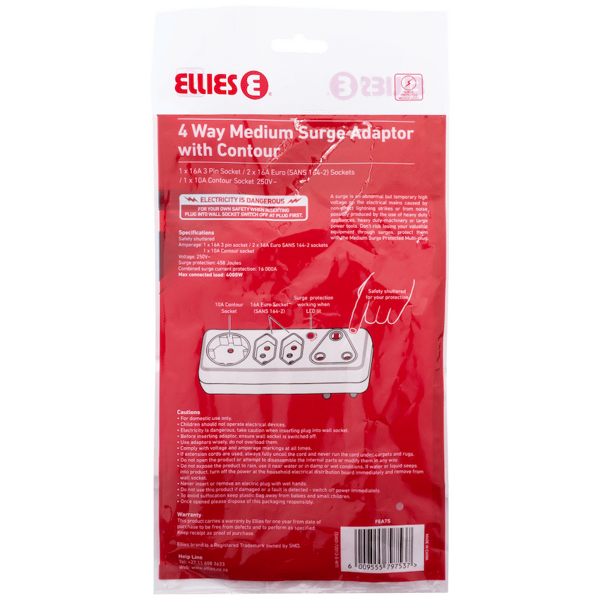 Ellies 4-Way Medium Surge Adaptor with Schuko - White