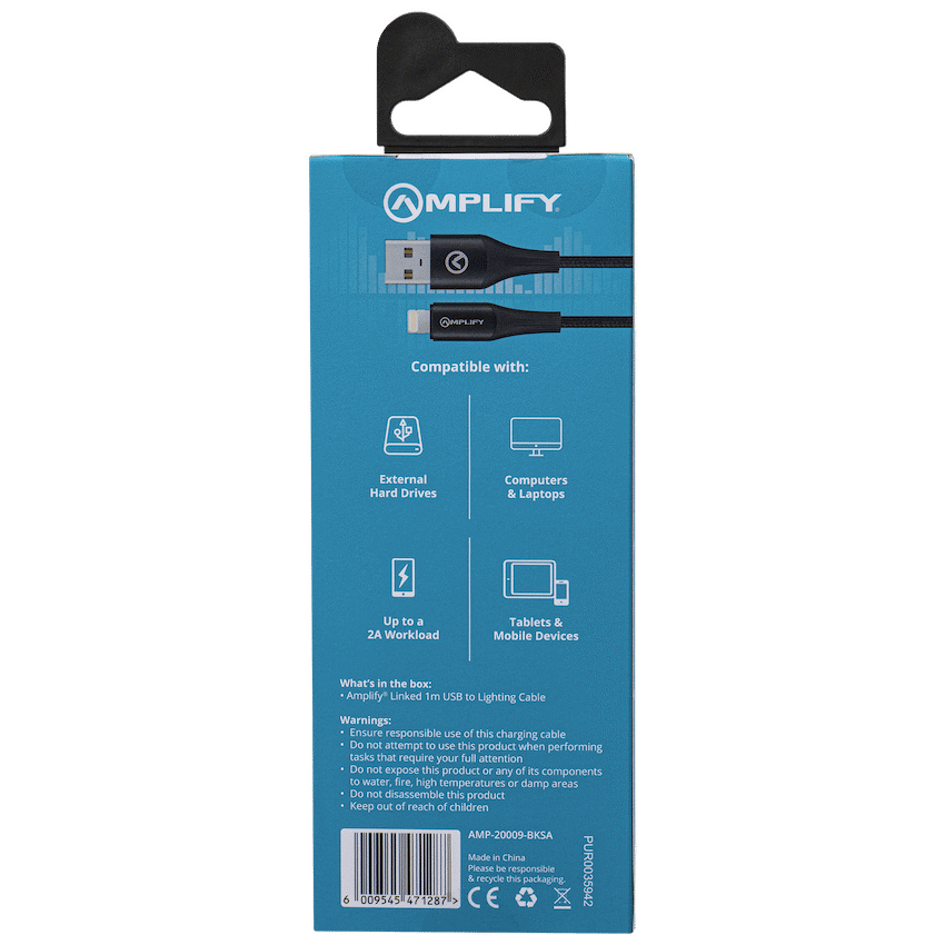Amplify Linked Series USB to Lightning Braided Cable - Black 1m