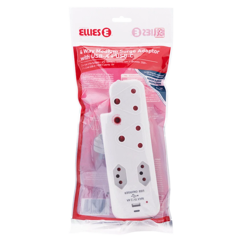 Ellies 4 Way Medium Surge adaptor with type C + USB