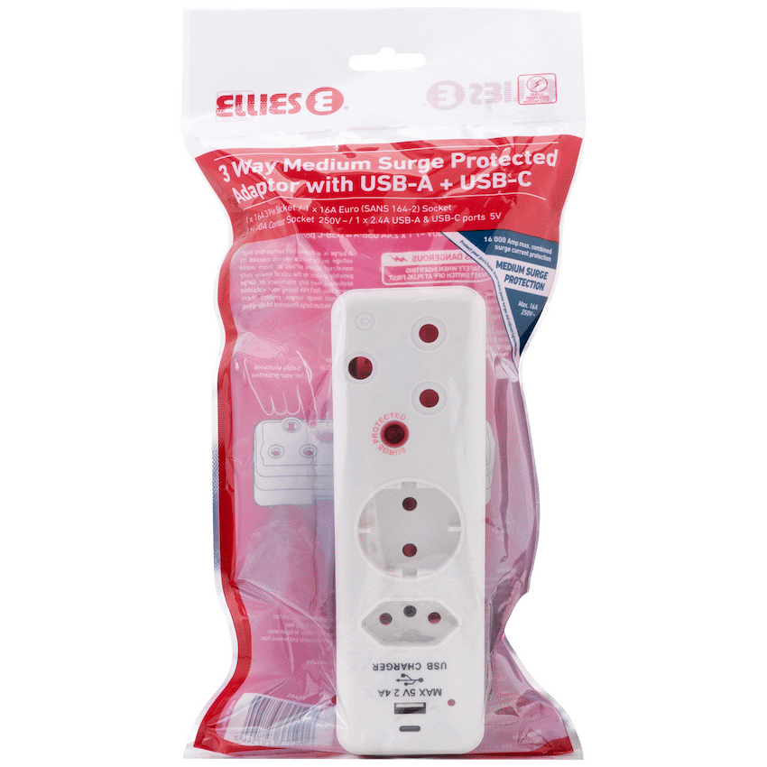 Ellies 3 Way Medium Surge adaptor Schuko,with type C + USB