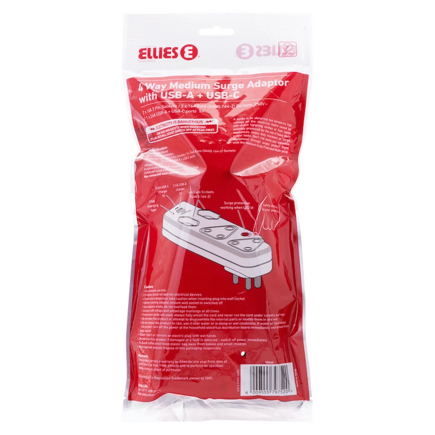 Ellies 4 Way Medium Surge adaptor with type C + USB