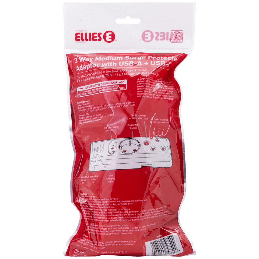 Ellies 3 Way Medium Surge adaptor Schuko,with type C + USB