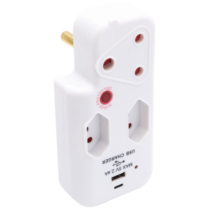 Switched 3-Way Medium Surge Adaptor with Type-C + USB - White