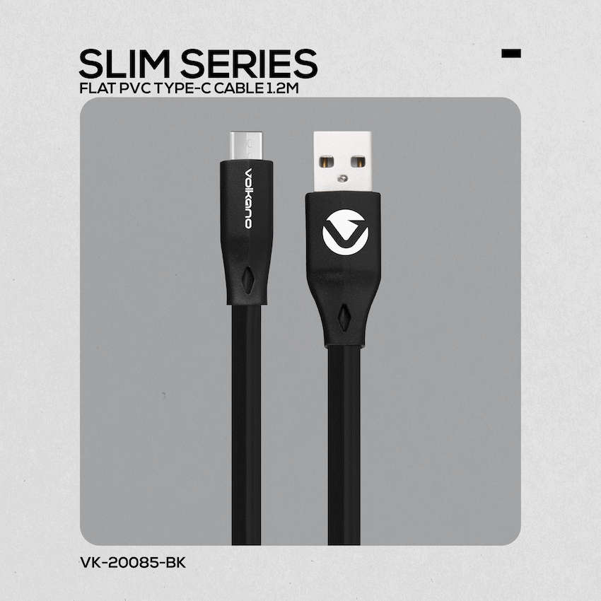 Volkano Slim Series Flat PVC Type-C Cable 1.2m - Black