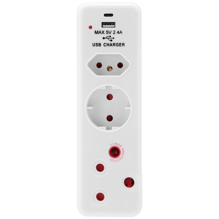 Ellies 3 Way Medium Surge adaptor Schuko,with type C + USB
