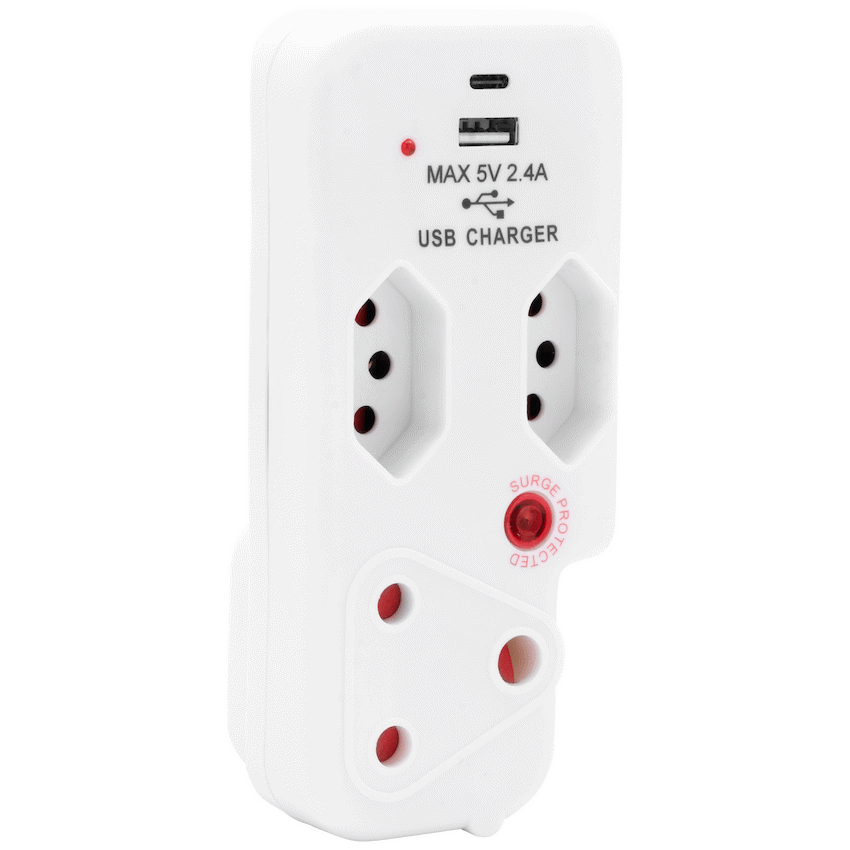 Ellies 3 Way Medium Surge Adaptor with Type C + USB - White