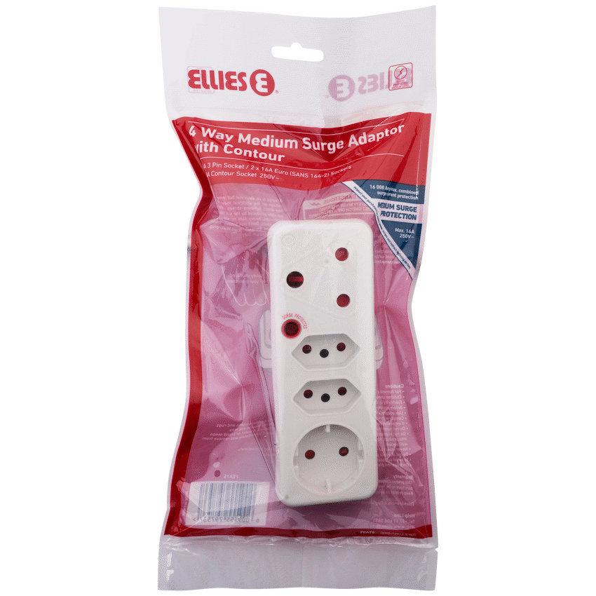 Ellies 4-Way Medium Surge Adaptor with Schuko - White