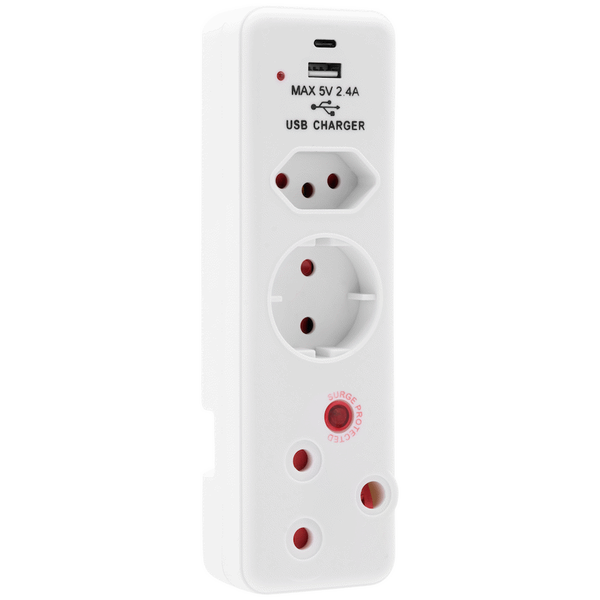 Ellies 3 Way Medium Surge adaptor Schuko,with type C + USB