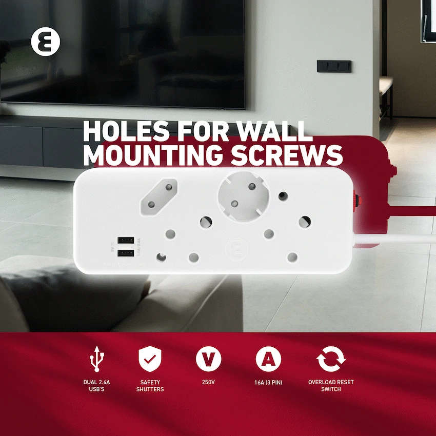 Ellies 4-Way Multiplug - 2 x USB 2.4a - 0.4m