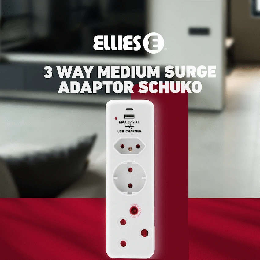 Ellies 3 Way Medium Surge adaptor Schuko,with type C + USB