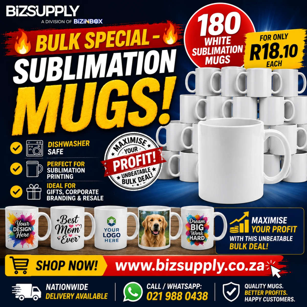 Bulk Mug Bundle: 180x Premium Dishwasher Safe Sublimation Mugs (5 Boxes of 36)
