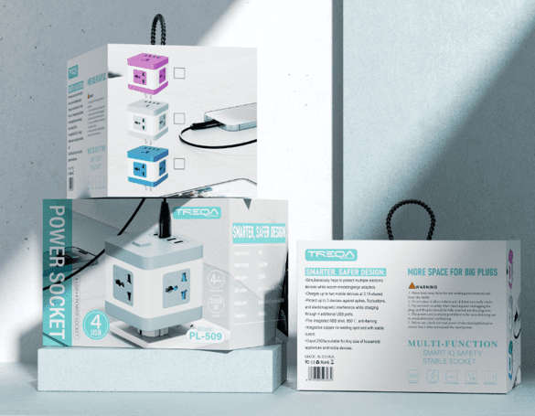 PL-509-2M Treqa Square X 4 Power Socket with 4 USBs 2500W & On/Off Switch