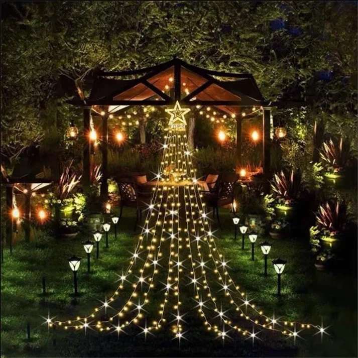 ZYF-D233 Five Pointed Star Waterfall 4M Curtain String Light Warm White