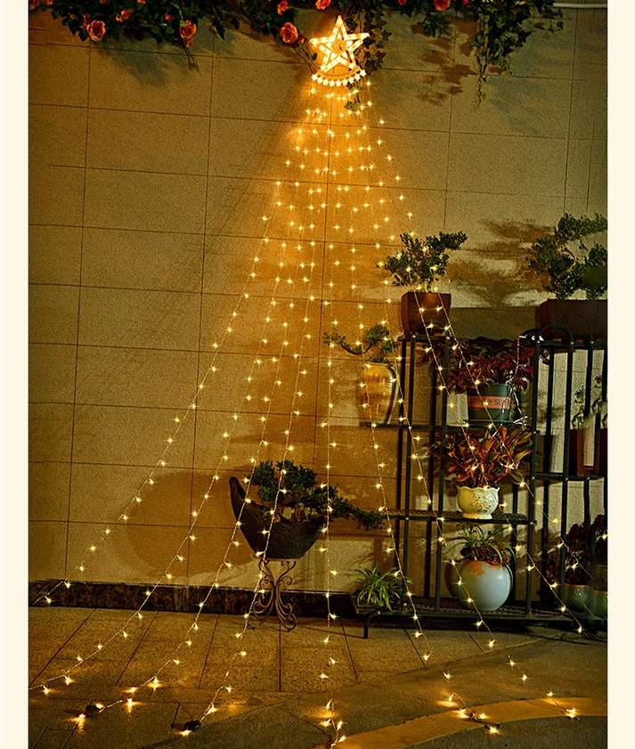 ZYF-D233 Five Pointed Star Waterfall 4M Curtain String Light Warm White